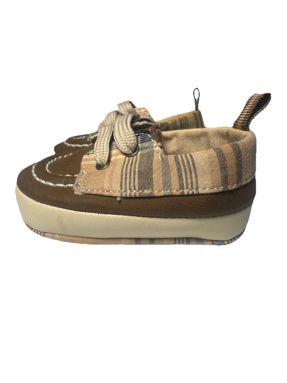 WeeKids Infant Boys Plaid Crib Shoes Size 1 Brown Moc Toe Slip On